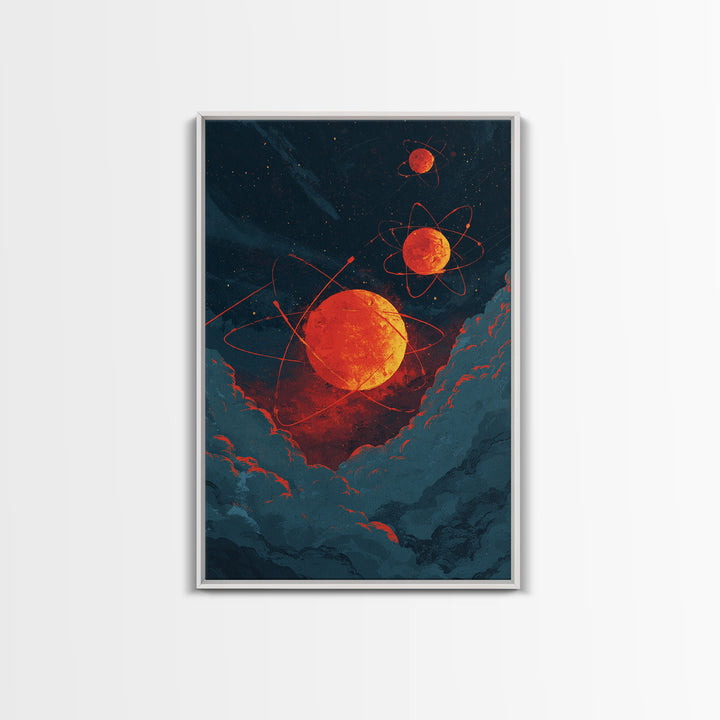 Fiery Red Atomic Planets In Dark Clouds Wall Art, Retro Sci Fi Poster, Modern Abstract Art, Orange Black Space Decor, Mcm Wall Art