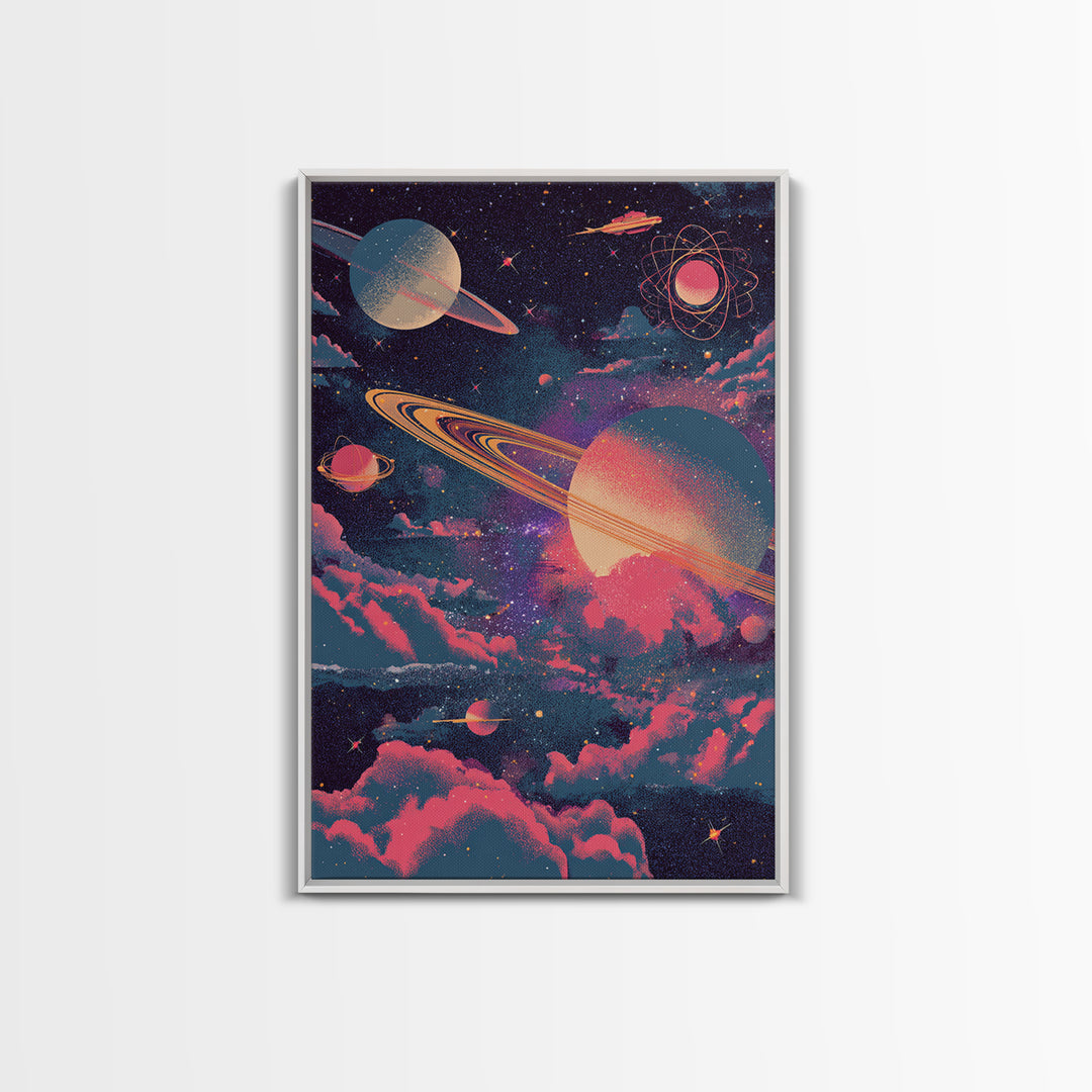Neon Saturn Planets Above Pink Clouds Framed Canvas Print, Retro Space Poster, Modern Wall Art, Cosmic Home Decor, 70s Art Print