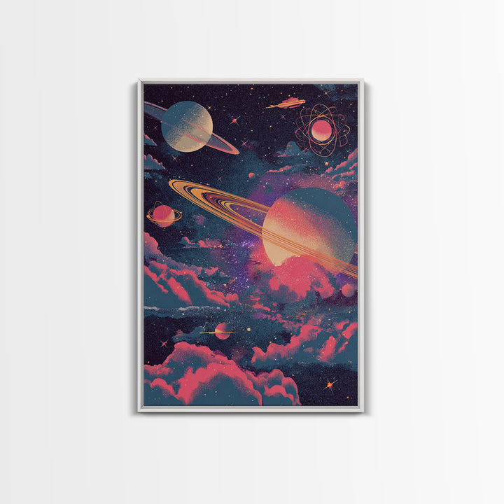 Neon Saturn Planets Above Pink Clouds Framed Canvas Print, Retro Space Poster, Modern Wall Art, Cosmic Home Decor, 70s Art Print
