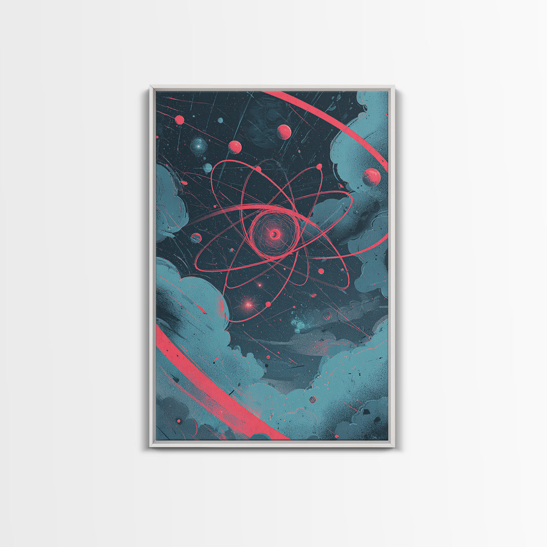 Neon Pink Atom Orbit In Teal Space Canvas Print, Atomic Retro Poster, Modern Abstract Art, Geometric Wall Decor, Mcm Artwork