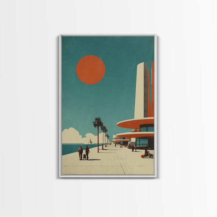 Midcentury Seaside Promenade With Orange Sun Framed Canvas Print, Palm Springs Art, Retro Travel Poster, Modern Wall Decor