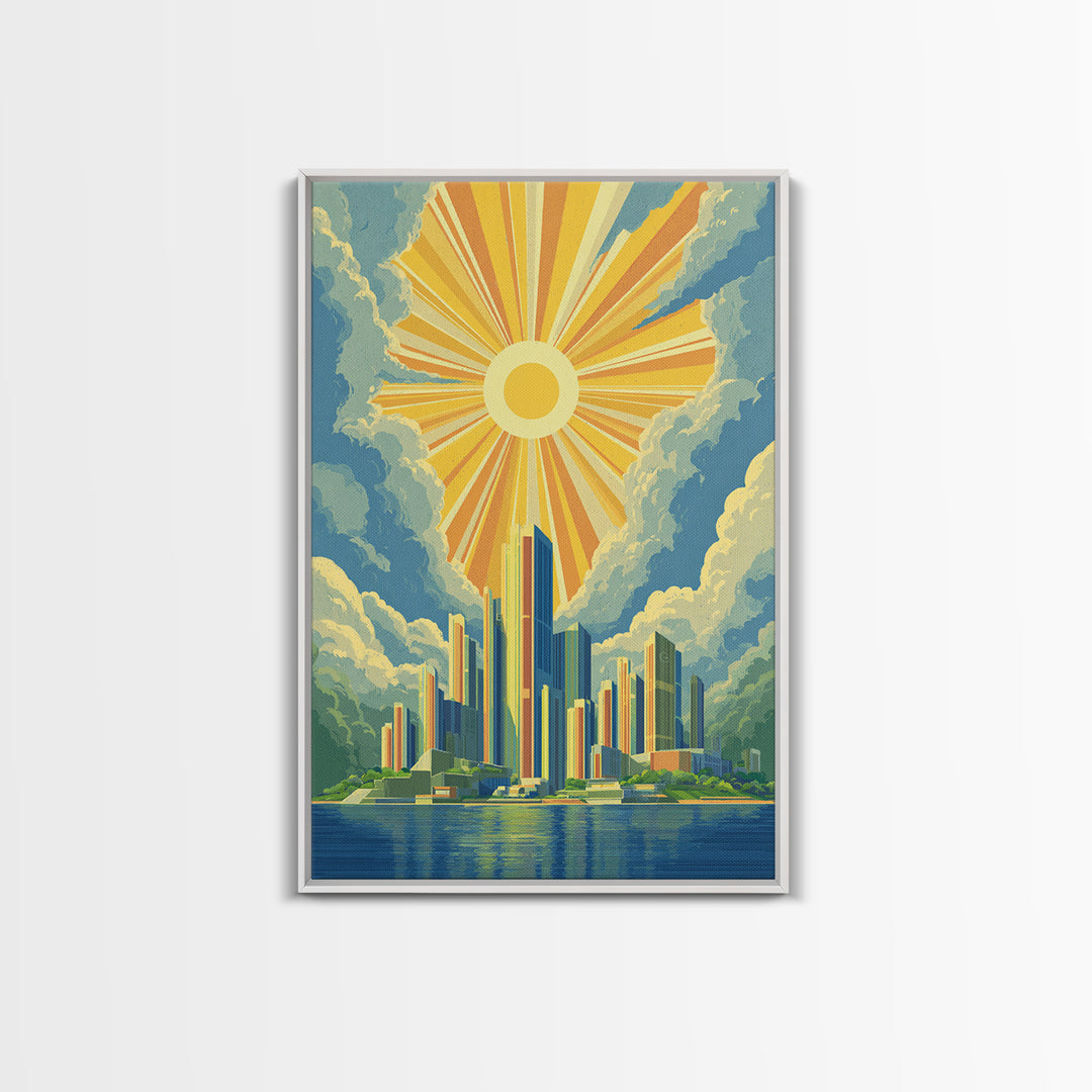 Radiant Futuristic City Sunrise Wall Art, Midcentury Modern Art Print, Retro Skyline Poster, MCM Wall Decor, Living Room Decor