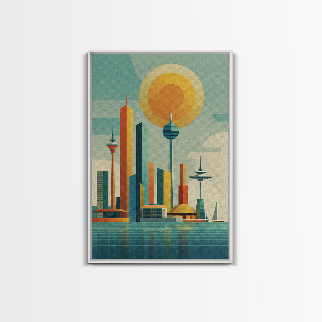Retro Futuristic Skyline With Orb Sun Canvas Print, Midcentury Modern Wall Art, Atomic City Poster, MCM Decor, Office Wall Decor