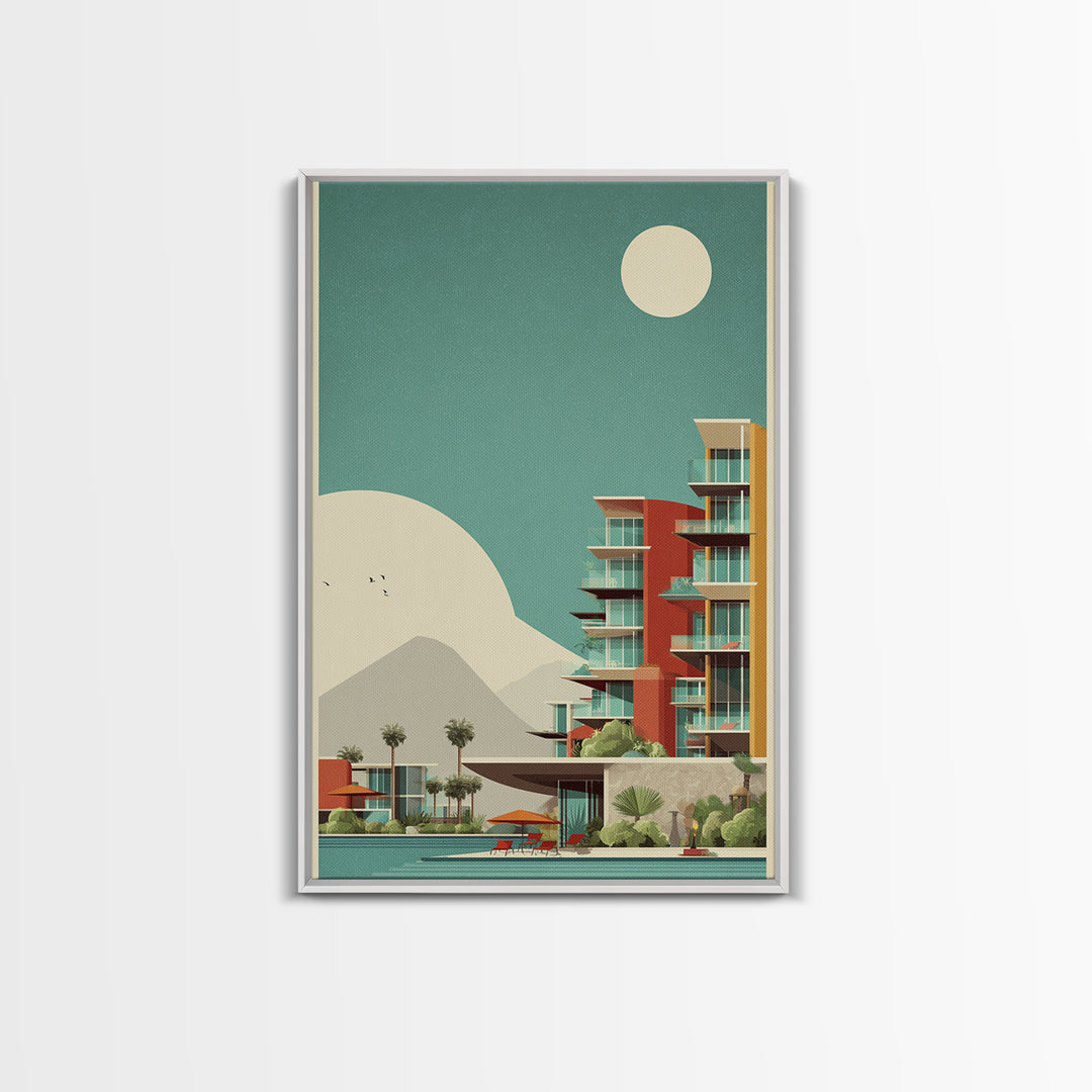 Desert Modern Resort With Moon Framed Canvas Print, Midcentury Modern Wall Art, Palm Springs Poster, Southwestern Home Decor