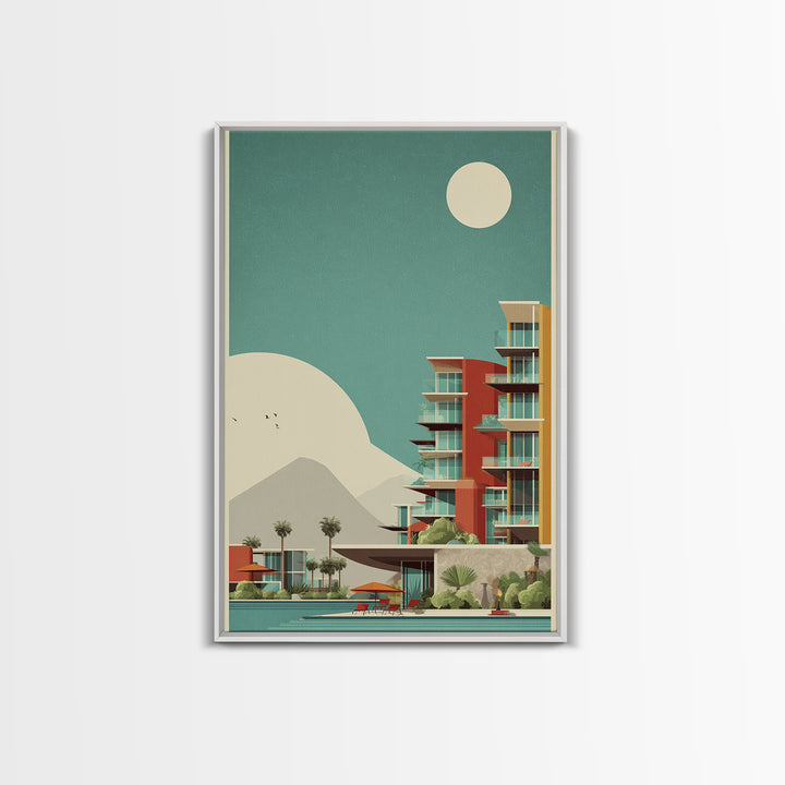 Desert Modern Resort With Moon Framed Canvas Print, Midcentury Modern Wall Art, Palm Springs Poster, Southwestern Home Decor