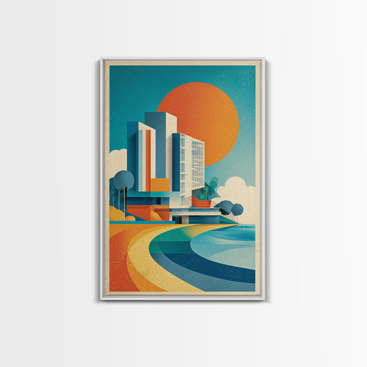 Geometric Modern Building Sunrise Canvas Print, Midcentury Modern Wall Art, Color Block Poster, Bright Abstract Home Decor