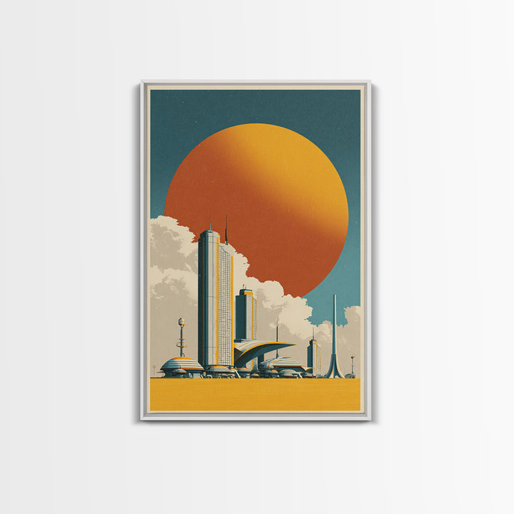 Futuristic City Under Orange Sun Framed Canvas Print, Midcentury Modern Wall Art, Retro Sci Fi Poster, Living Room Decor