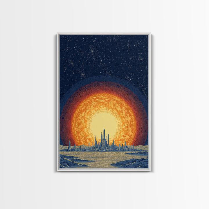 Blazing Solar City At Night Wall Art, Futuristic Midcentury Modern Art Print, Cosmic Retro Poster, Sci Fi Wall Decor, Office Decor