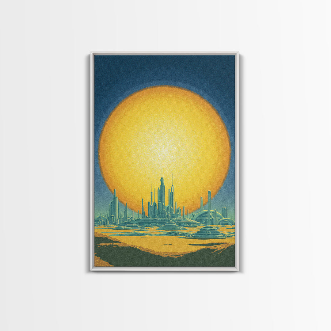 Golden Sun Futuristic Desert Skyline Canvas Print, Midcentury Modern Wall Art, Retro Sci Fi Poster, Modern Living Room Decor