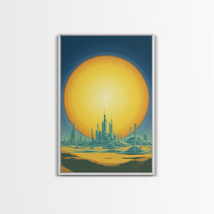 Golden Sun Futuristic Desert Skyline Canvas Print, Midcentury Modern Wall Art, Retro Sci Fi Poster, Modern Living Room Decor