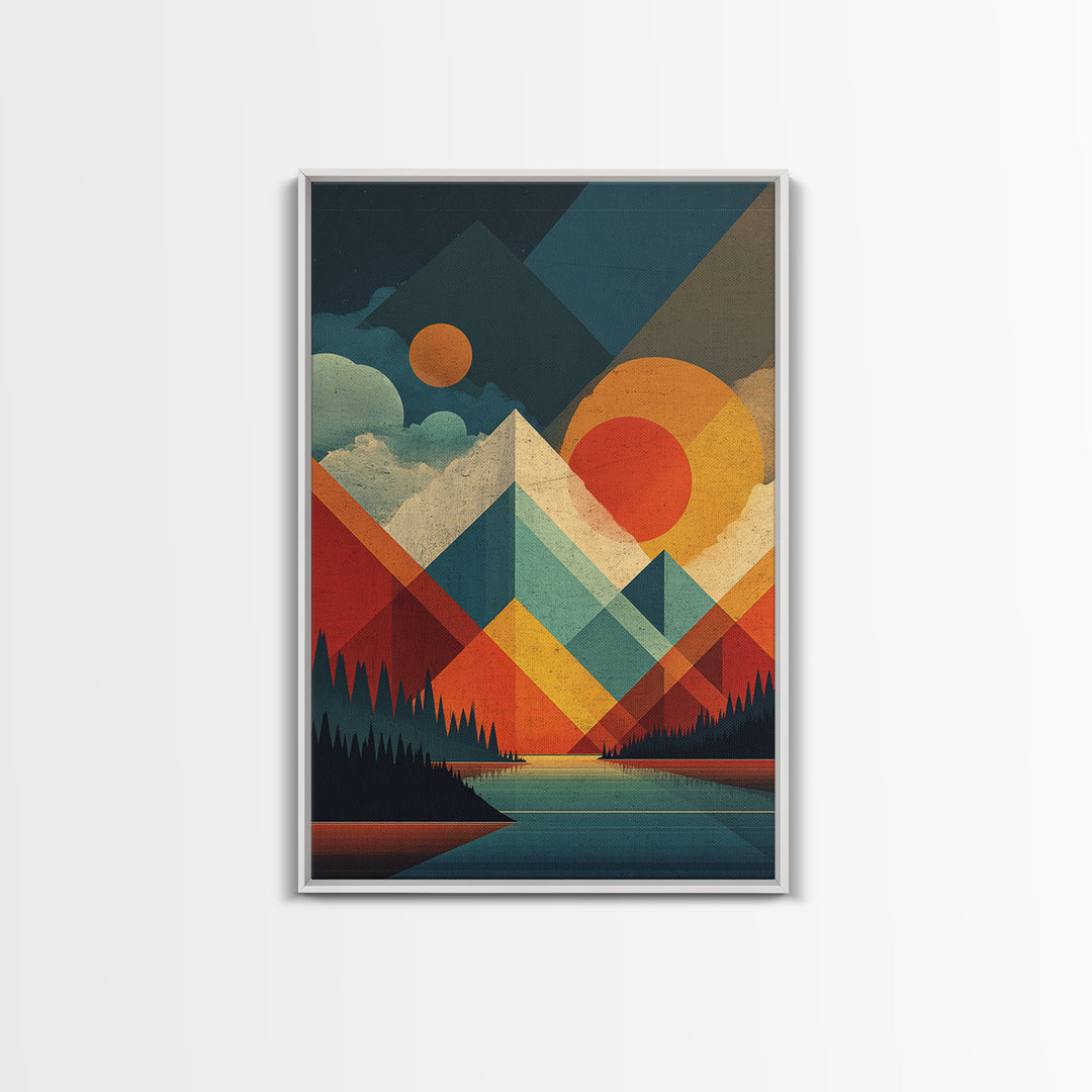 Geometric Mountain Lake Wall Art, Midcentury Modern Abstract Landscape Print, Orange Sun MCM Poster For Living Room Home Decor