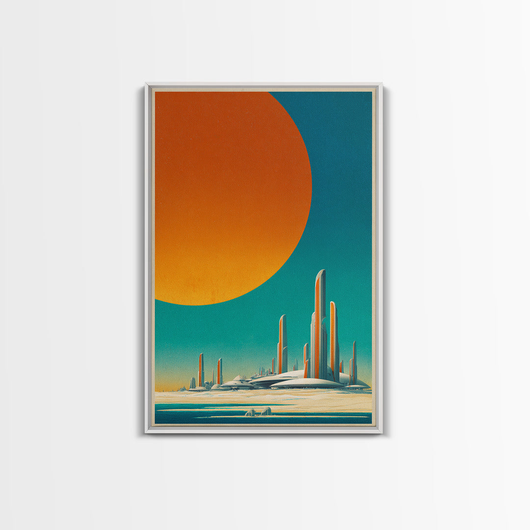 Minimalist Future Towers With Giant Sun Wall Art, Midcentury Modern Art Print, Retro Sci Fi Poster, Abstract Desert Decor