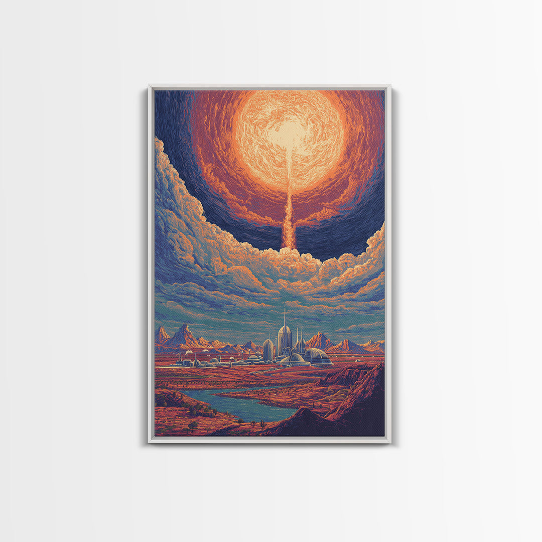 Radiant Solar City And Desert Canyon Wall Art, Retro Sci Fi Landscape Poster, Midcentury Modern Decor, Futuristic Art Print