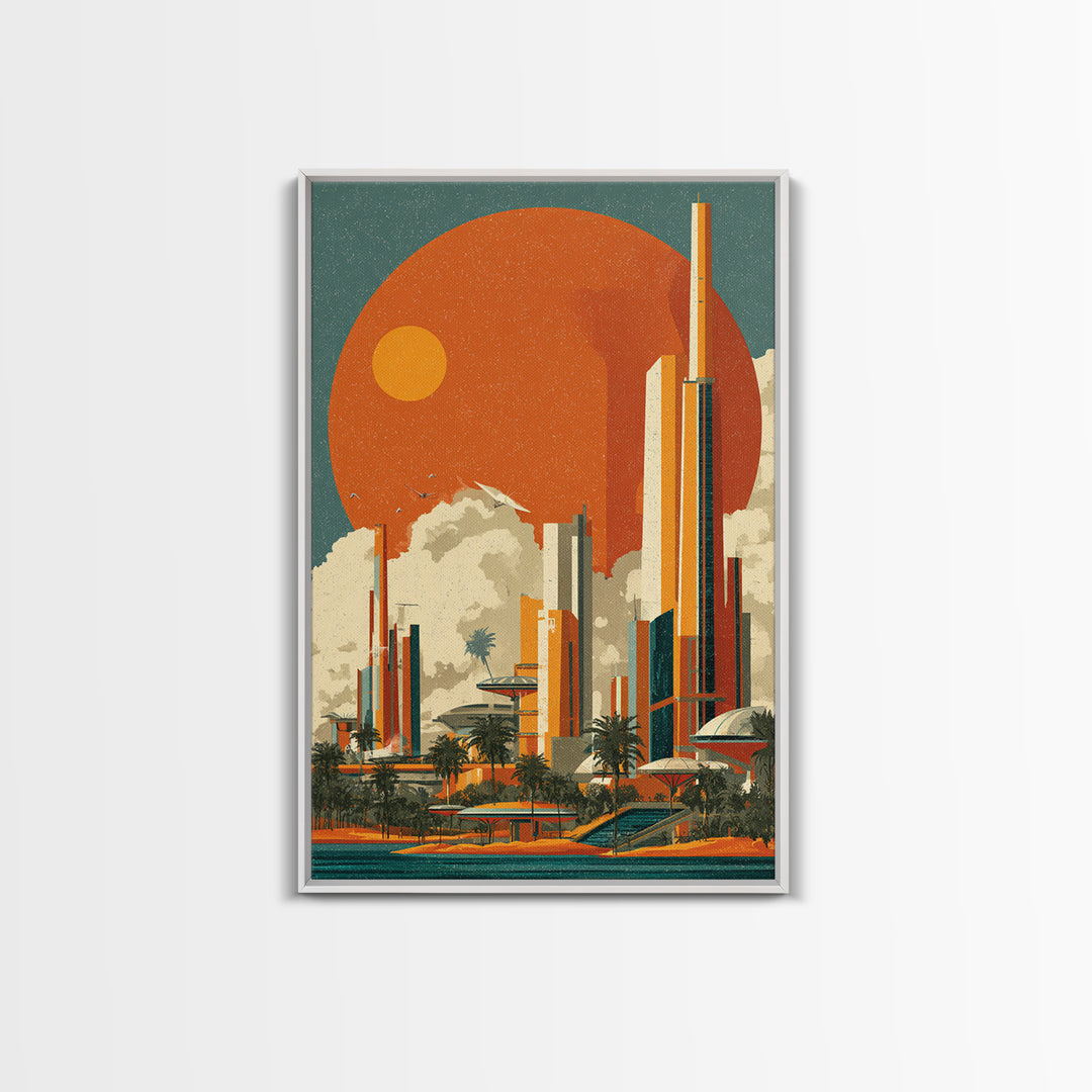 Orange Sun Futuristic Palm City Canvas Print, Retro Travel Poster, Midcentury Modern Wall Decor, Palm Springs Style Art Print