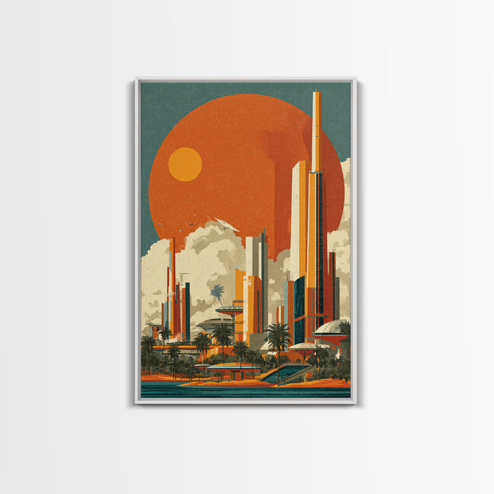Orange Sun Futuristic Palm City Canvas Print, Retro Travel Poster, Midcentury Modern Wall Decor, Palm Springs Style Art Print