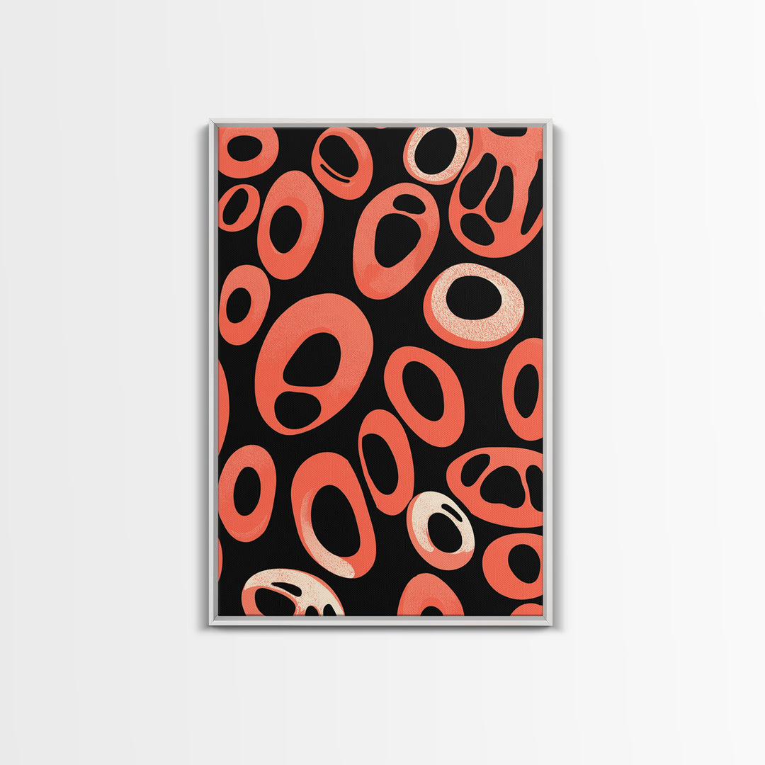 Coral Oval Rings On Black Canvas Print, Bold Retro Abstract Poster, Midcentury Modern Decor, Orange Geometric Wall Art Print