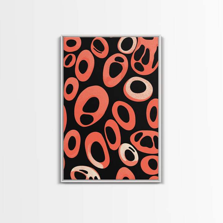Coral Oval Rings On Black Canvas Print, Bold Retro Abstract Poster, Midcentury Modern Decor, Orange Geometric Wall Art Print