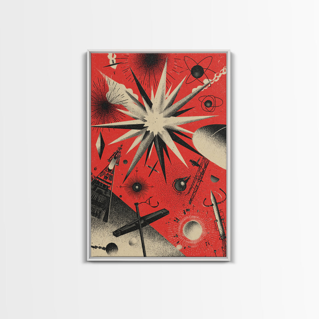 Red Atomic Starburst Space Scene Canvas Print, Retro Sci Fi Poster, Midcentury Modern Wall Decor, Futuristic Art Print Gift
