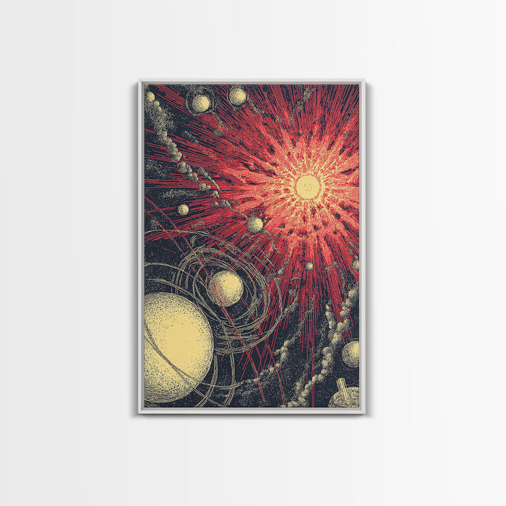 Red Cosmic Sunburst With Orbiting Planets Wall Art, Midcentury Modern Art, Retro Space Poster, Atomic Abstract Decor Prints