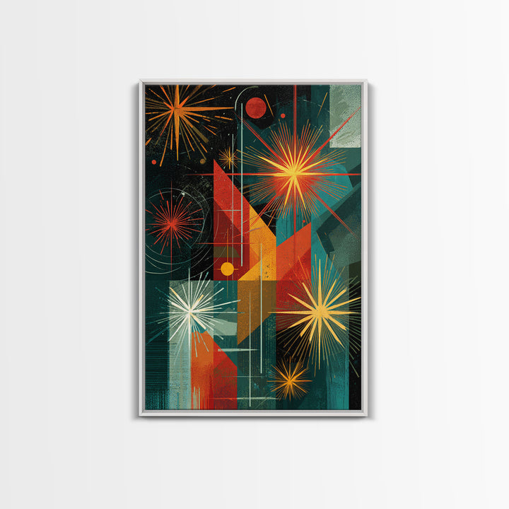 Teal Orange Geometric Fireworks Wall Art, Midcentury Modern Art, Atomic Retro Decor, Bold MCM Wall Decor Poster Print Gift