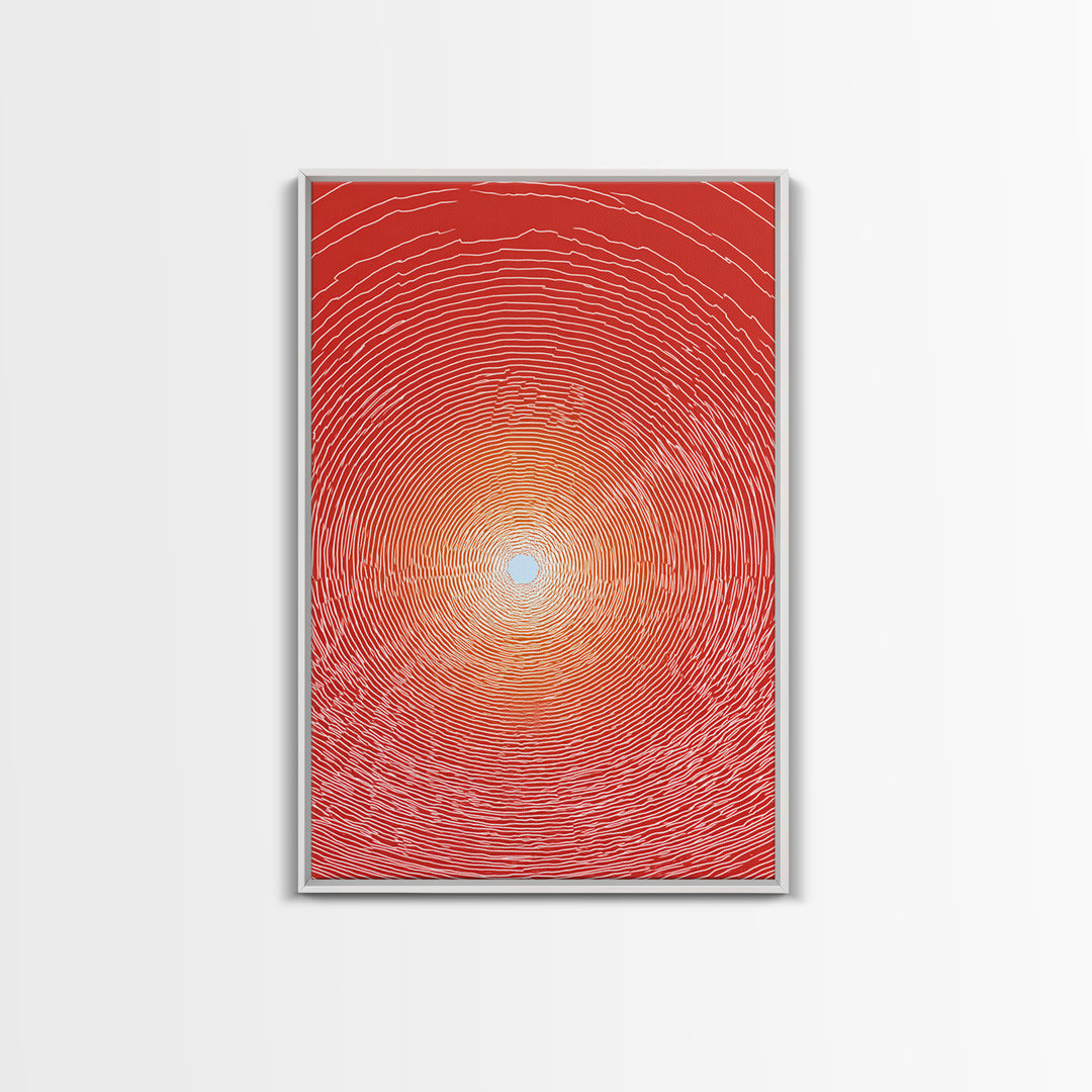Radiant Red Concentric Sun Framed Canvas Print, Minimalist Wall Art, Modern Abstract Art, Retro Geometric Decor Poster Print