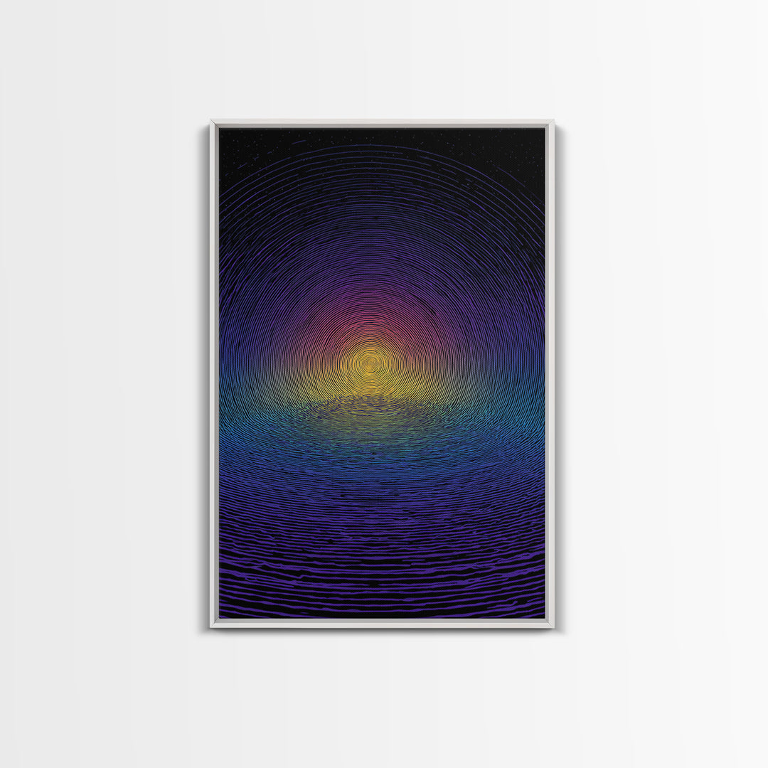 Blue Purple Ripple Sunset Canvas Print, Modern Abstract Wall Art, Retro Psychedelic Poster, Minimalist Home Decor Artwork