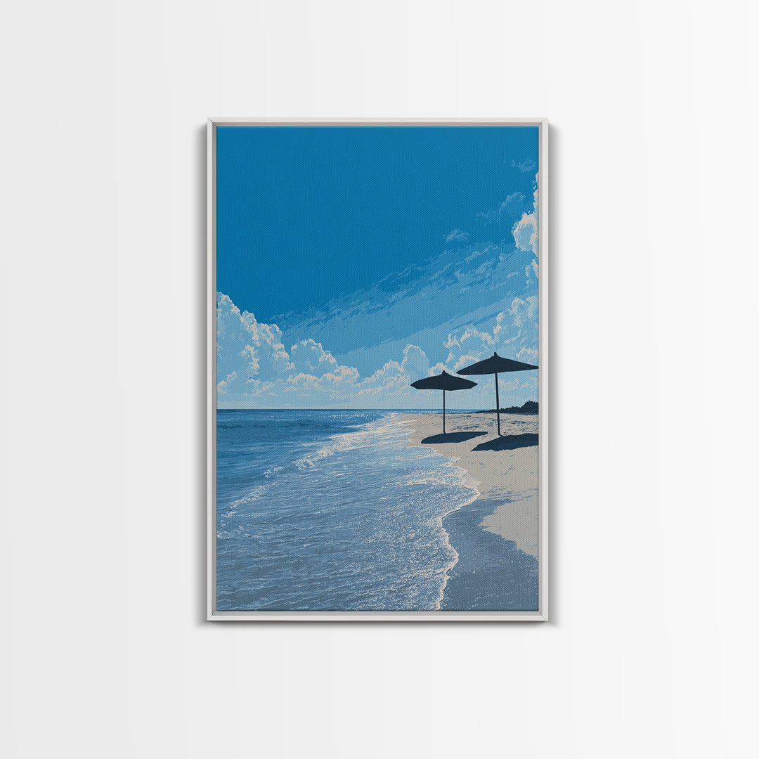 Sunny Blue Beach Umbrellas Canvas Print, Coastal Wall Art, Modern Travel Poster, Ocean View Decor, Serene Living Room Art
