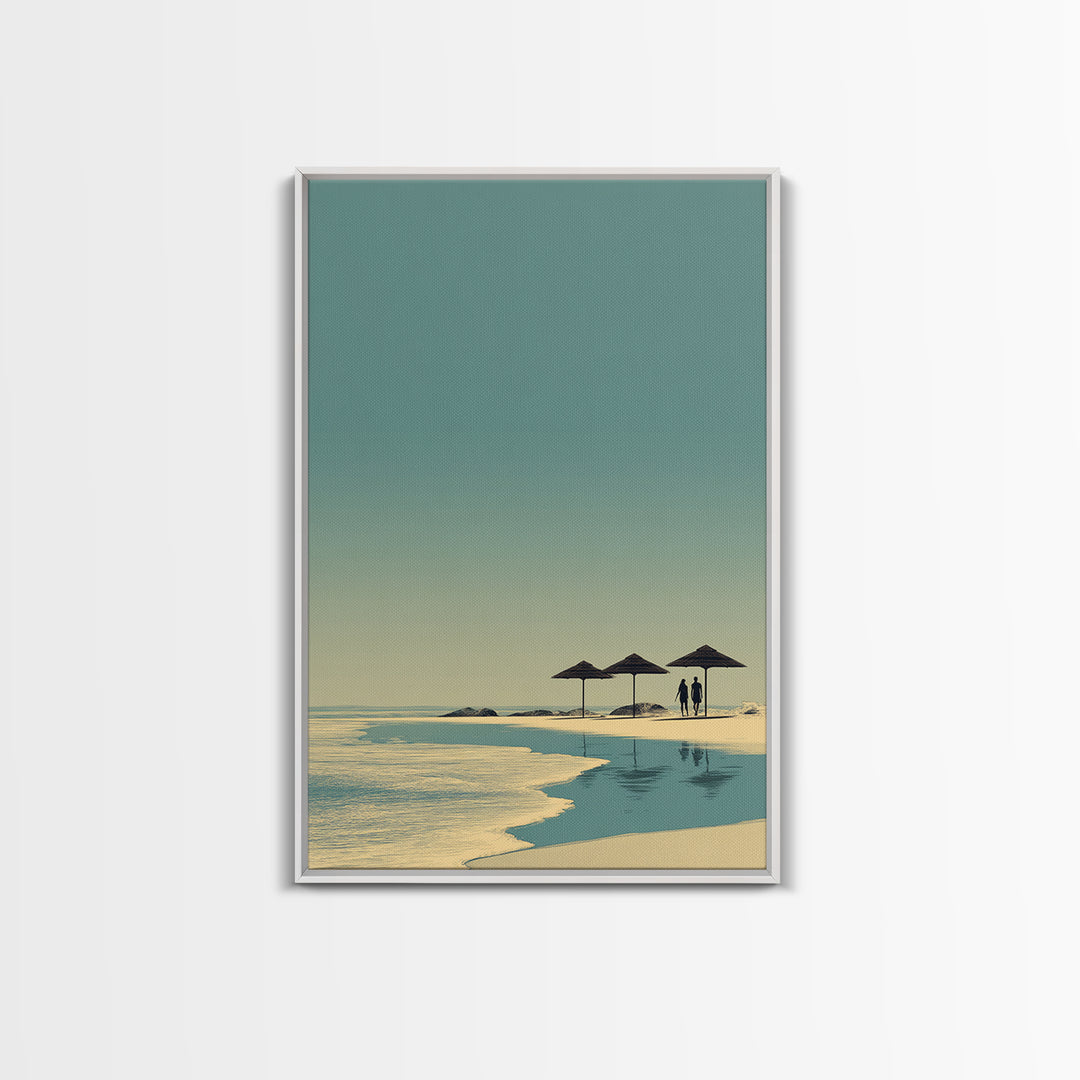 Minimal Beach Umbrellas Framed Canvas Print, Neutral Coastal Wall Art, Modern Landscape Poster, Serene Ocean Bedroom Decor