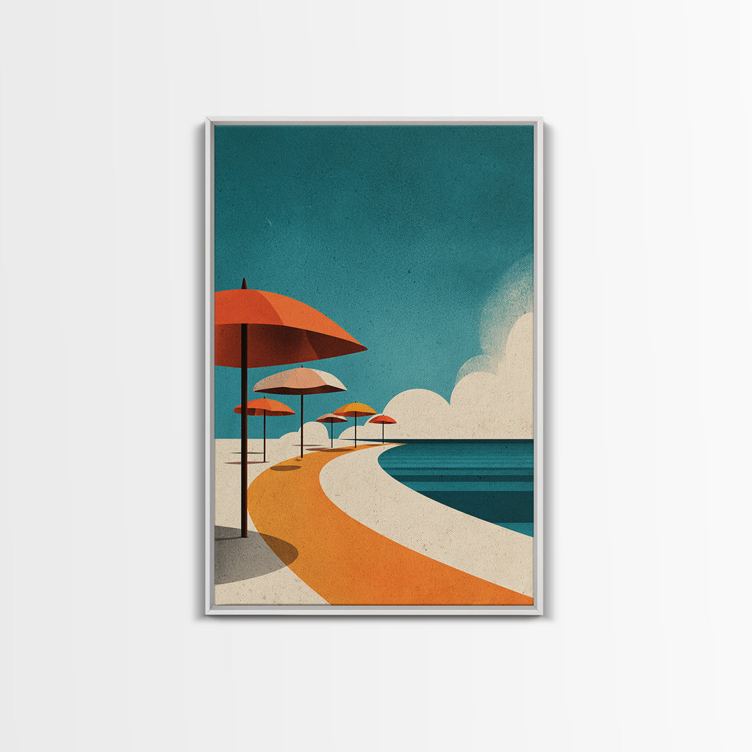 Orange Umbrella Boardwalk Canvas Print, Midcentury Modern Wall Art, Retro Beach Poster, Coastal MCM Home Decor, Palm Springs Style