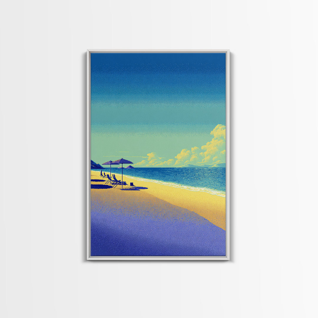 Vibrant Pixel Beach Canvas Print, Retro Travel Poster Wall Art, Coastal Modern Decor, Colorful Ocean Living Room Print Gift