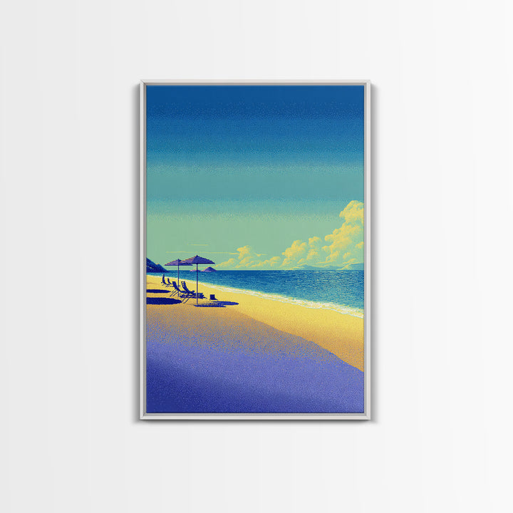 Vibrant Pixel Beach Canvas Print, Retro Travel Poster Wall Art, Coastal Modern Decor, Colorful Ocean Living Room Print Gift