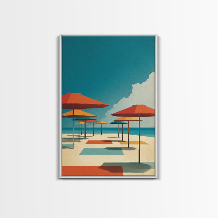 Retro Orange Beach Umbrellas Wall Art, Midcentury Modern Canvas Print, Coastal Poster, Bold MCM Living Room Home Wall Decor