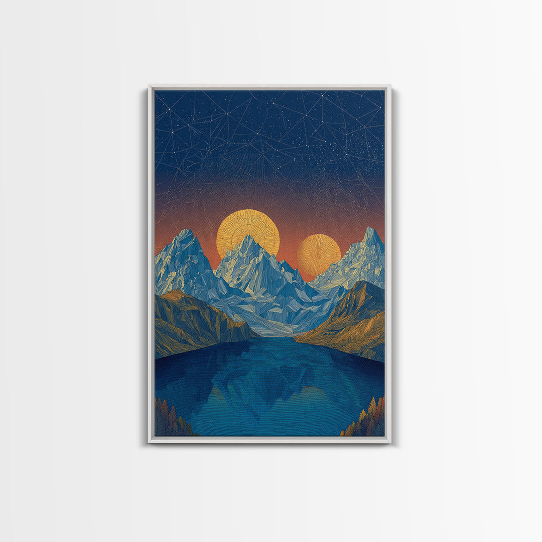 Starry Alpine Lake Framed Canvas Print, Blue Mountain Sunset Wall Art, Midcentury Modern Travel Poster For Cabin Home Decor