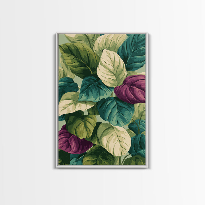 Lush Tropical Calathea Leaves Framed Canvas Print, Botanical Wall Art, Green Purple Nature Decor, Modern Home Art Prints