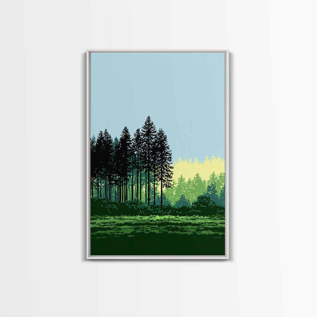 Pine Forest Silhouette Wall Art, Green Meadow Landscape Print, Scenic Nature Decor, Modern Cabin Office Wall Decor, Home Decor