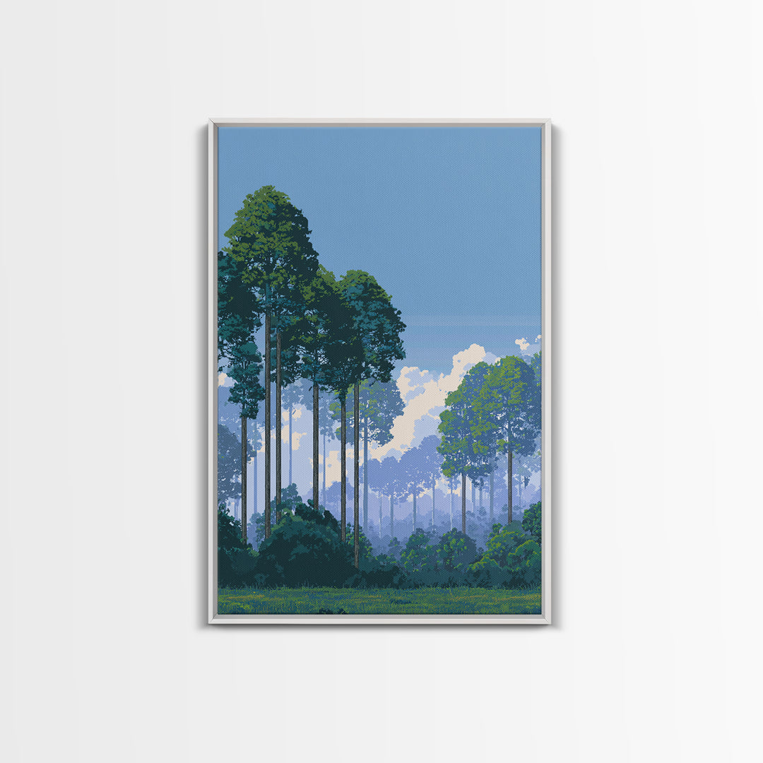 Misty Tall Pine Forest Canvas Print, Blue Sky Landscape Art, Scenic Nature Wall Decor, Modern Office Living Room Art Print