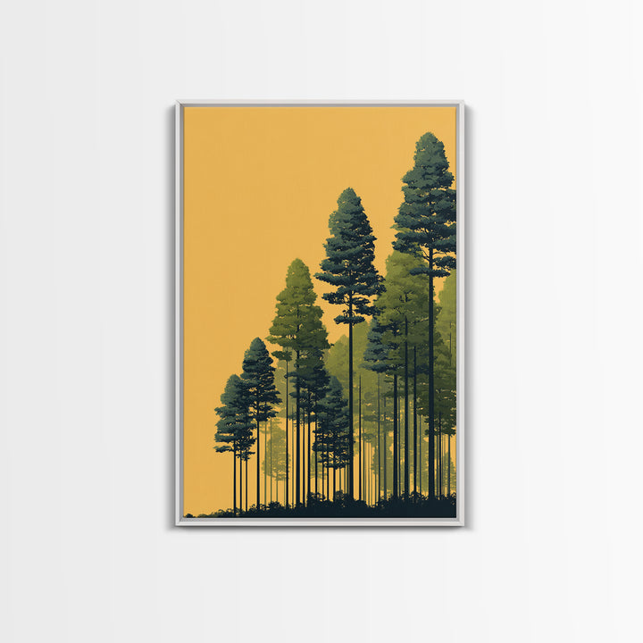 Golden Sunset Pine Forest Wall Art, Tall Evergreen Landscape Print, Scenic Nature Decor, Modern Cabin Living Room Decor Print