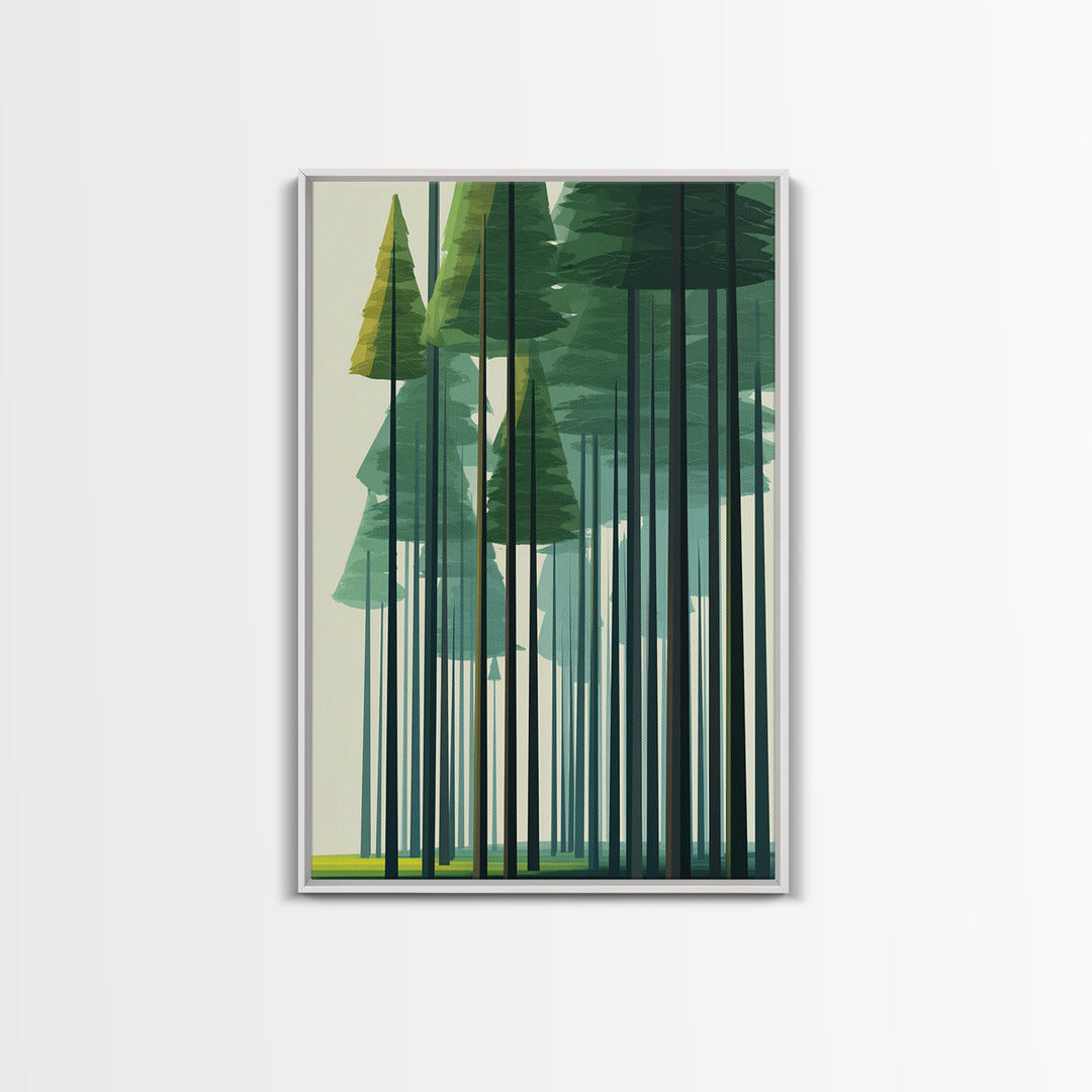 Minimalist Green Pine Grove Wall Art, Abstract Tall Tree Canvas Print, Scandinavian Nature Decor, Modern Forest Poster Art