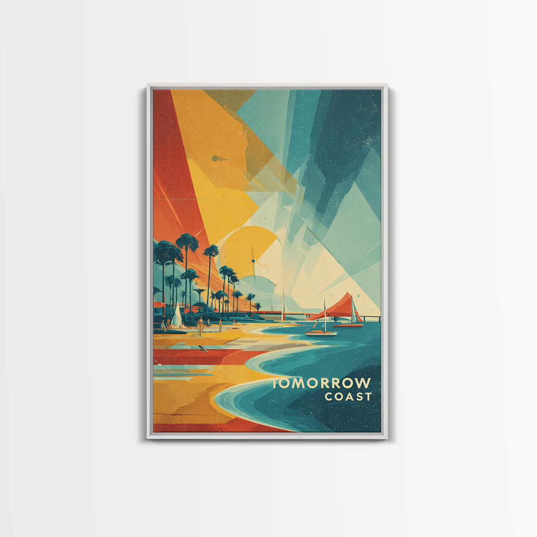 Tomorrow Coast Futuristic Beach Wall Art, Retro Travel Poster, Palm Springs Sailboat Canvas Print, Midcentury Modern Home Decor
