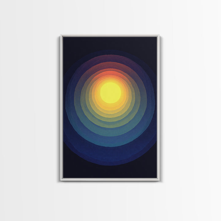 Radiant Yellow Concentric Sun Canvas Print, Midcentury Modern Art, Cosmic Abstract Wall Decor, Blue Retro Living Room Poster