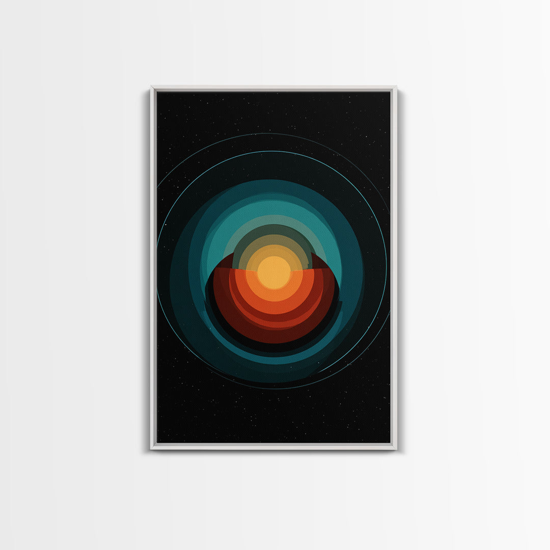 Teal Orange Eclipse Planet Framed Canvas Print, Midcentury Modern Wall Art, Space Abstract Poster, Retro MCM Home Decor Art