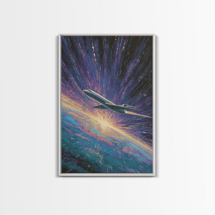 Cosmic Airplane Warp Speed Wall Art, Retro Sci Fi Travel Poster, Modern Art Print, Colorful Space Abstract Office Decor Art