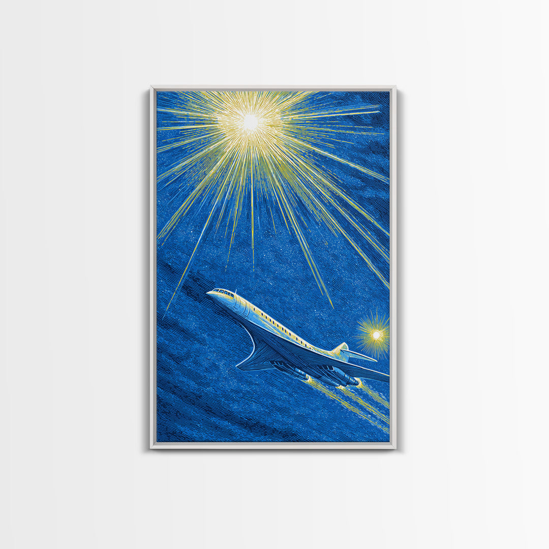 Blue Jet Under Radiant Starburst Framed Canvas Print, Retro Travel Poster, Midcentury Modern Wall Art, Aviation Office Decor
