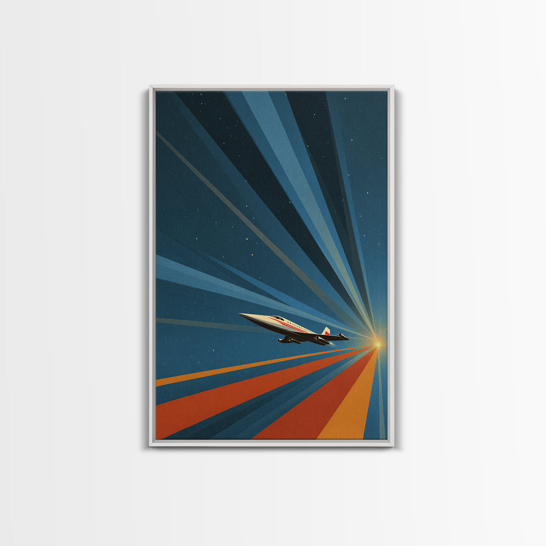 Retro Jet Plane Racing To Sunrise Canvas Print, Midcentury Modern Wall Art, Atomic Space Poster, Aviation Office Decor Gift