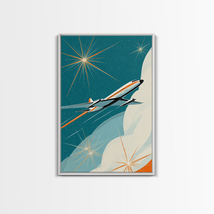 Sleek Retro Jet Over Moon Wall Art, Midcentury Modern Art Print, Atomic Space Poster, Aviation Office Decor Gift For Living Room