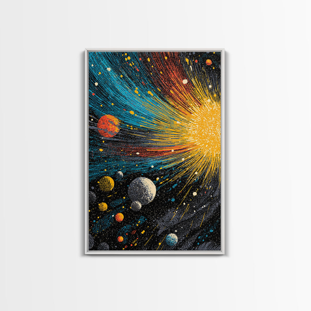 Exploding Solar System With Colorful Planets Framed Canvas Print, Midcentury Modern Wall Art, Retro Space Decor Poster Gift