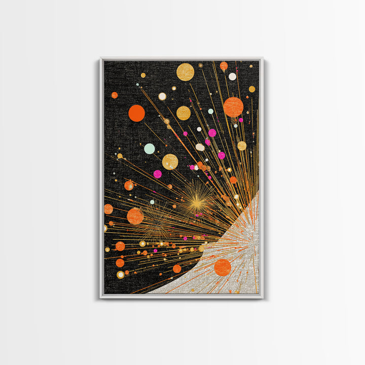 Orange Planet Burst On Black Canvas Print, Midcentury Modern Wall Art, Atomic Retro Space Poster, Geometric Office Decor