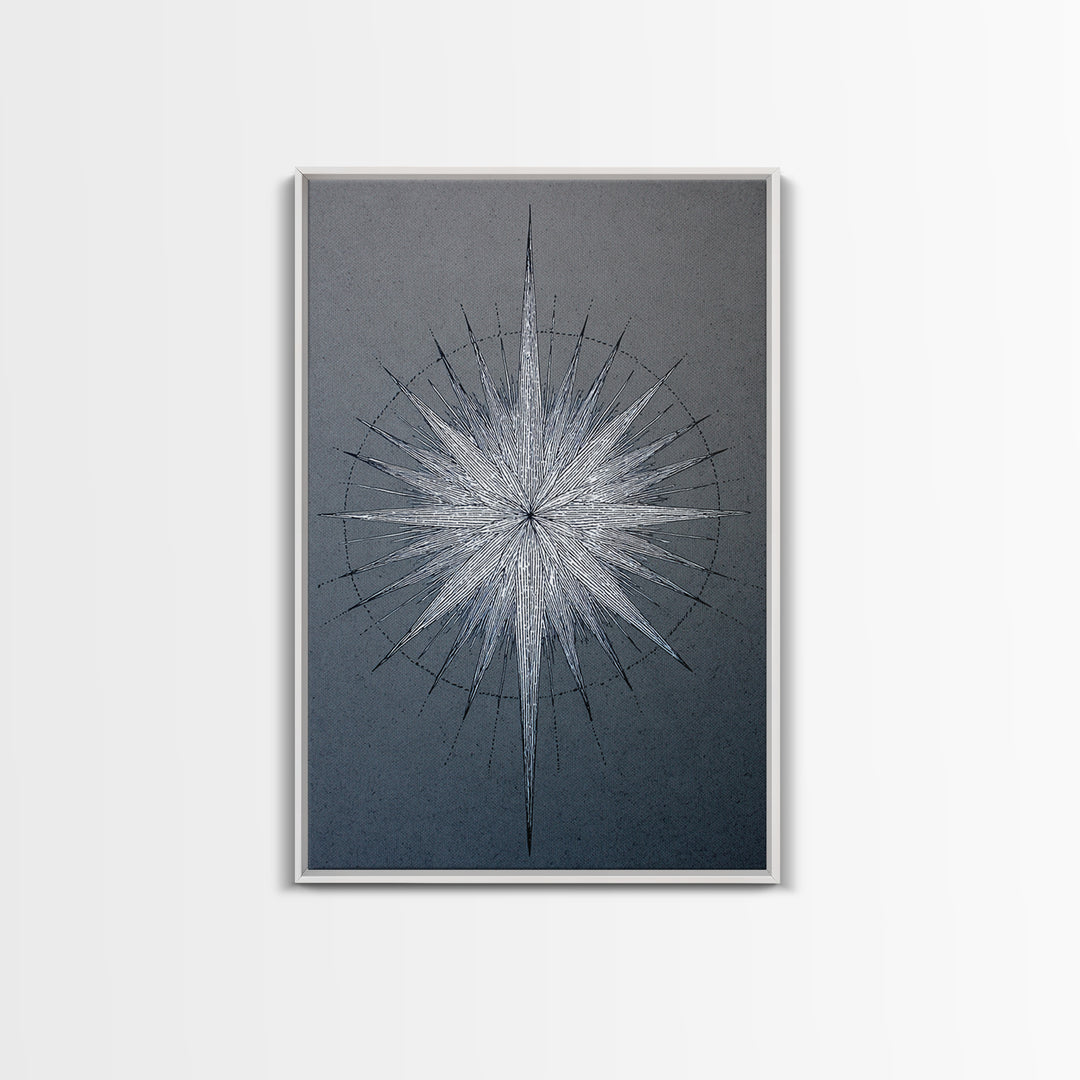 White Silver Radial Starburst Canvas Print, Midcentury Modern Art, Geometric Wall Art, Abstract Print, Blue Office Decor