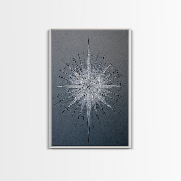 White Silver Radial Starburst Canvas Print, Midcentury Modern Art, Geometric Wall Art, Abstract Print, Blue Office Decor