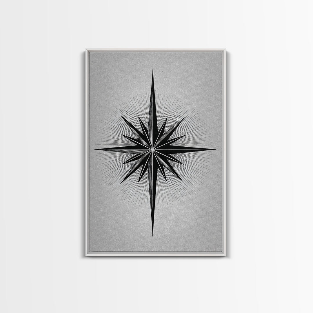 Black Compass Starburst Framed Canvas Print, Midcentury Modern Art, Geometric Wall Decor, Minimalist Art Print, Retro Decor
